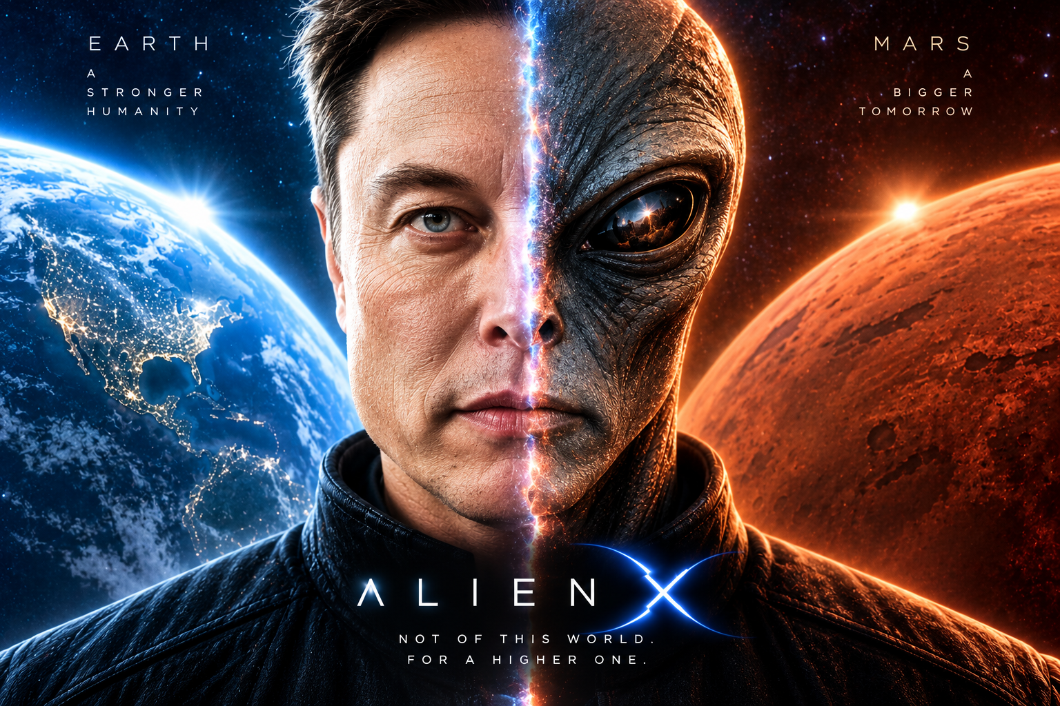 Alien X split identity editorial illustration